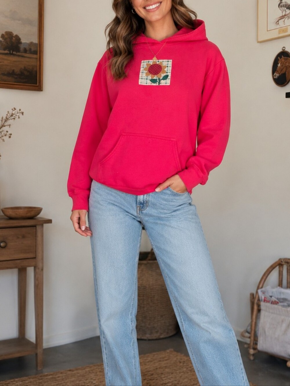 Patchwork Sunflower Red Hoodie